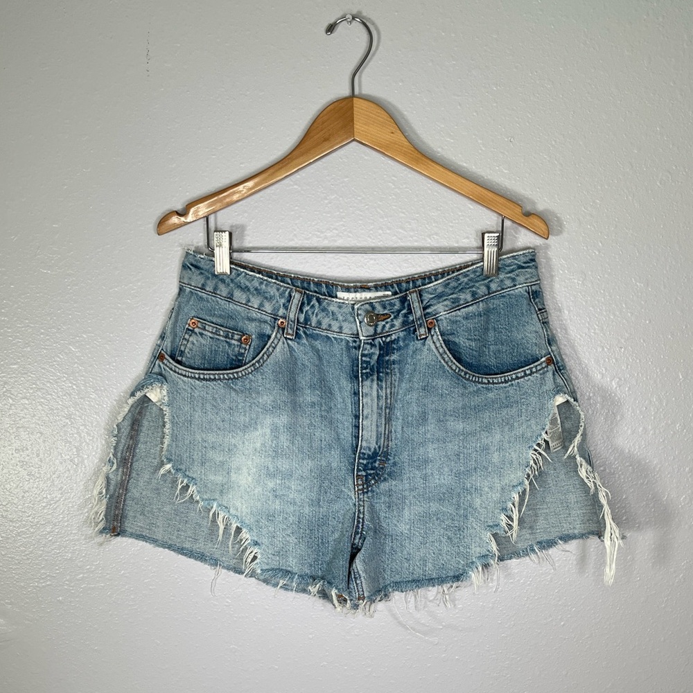 Topshop high rise distressed raw hem denim shorts 10 petite casual festival